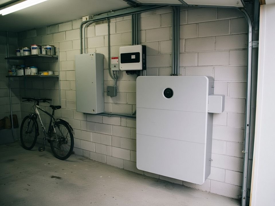 Domowy magazyn energii zamontowany na ścianie garażu obok falownika